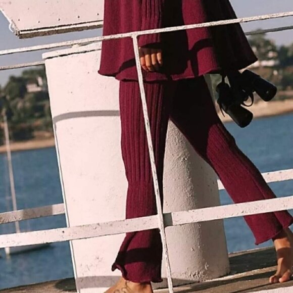 Free People Beach Delancey Sweater Pants Wine Women’s Size XS Boho Lounge Wear - Picture 1 of 14